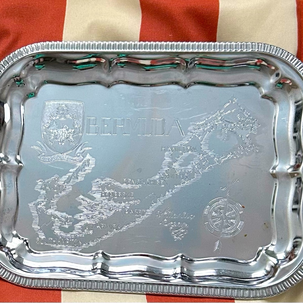 Vintage silver color metal tray Bermuda Map Engraved compass north serving tray